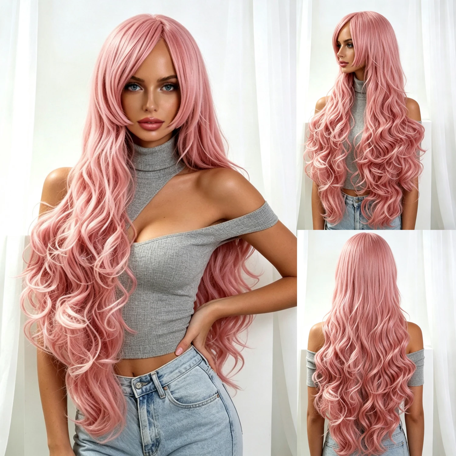 Women Long Pastel Pink Wavy Curly Synthetic Wig Heat Resistant Pink Hair Wig with Bangs Cosplay Party Halloween Wigs For Woman