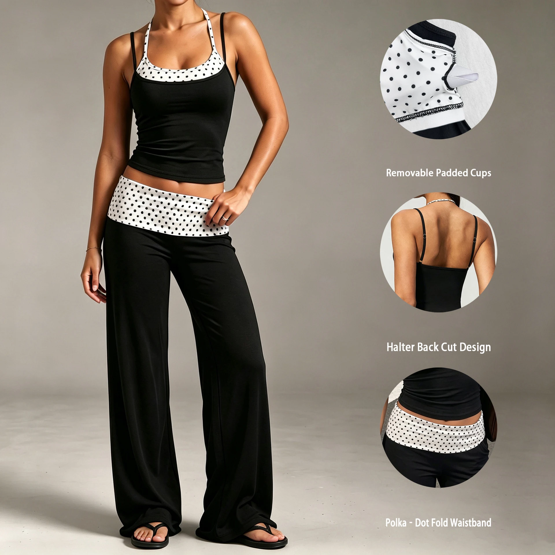 Women's 2 Piece Yoga Set Halter Neck Crop Top Fold Over Waist Wide Legged Flare Trousers Polka Dot Gym Workout Running Suit