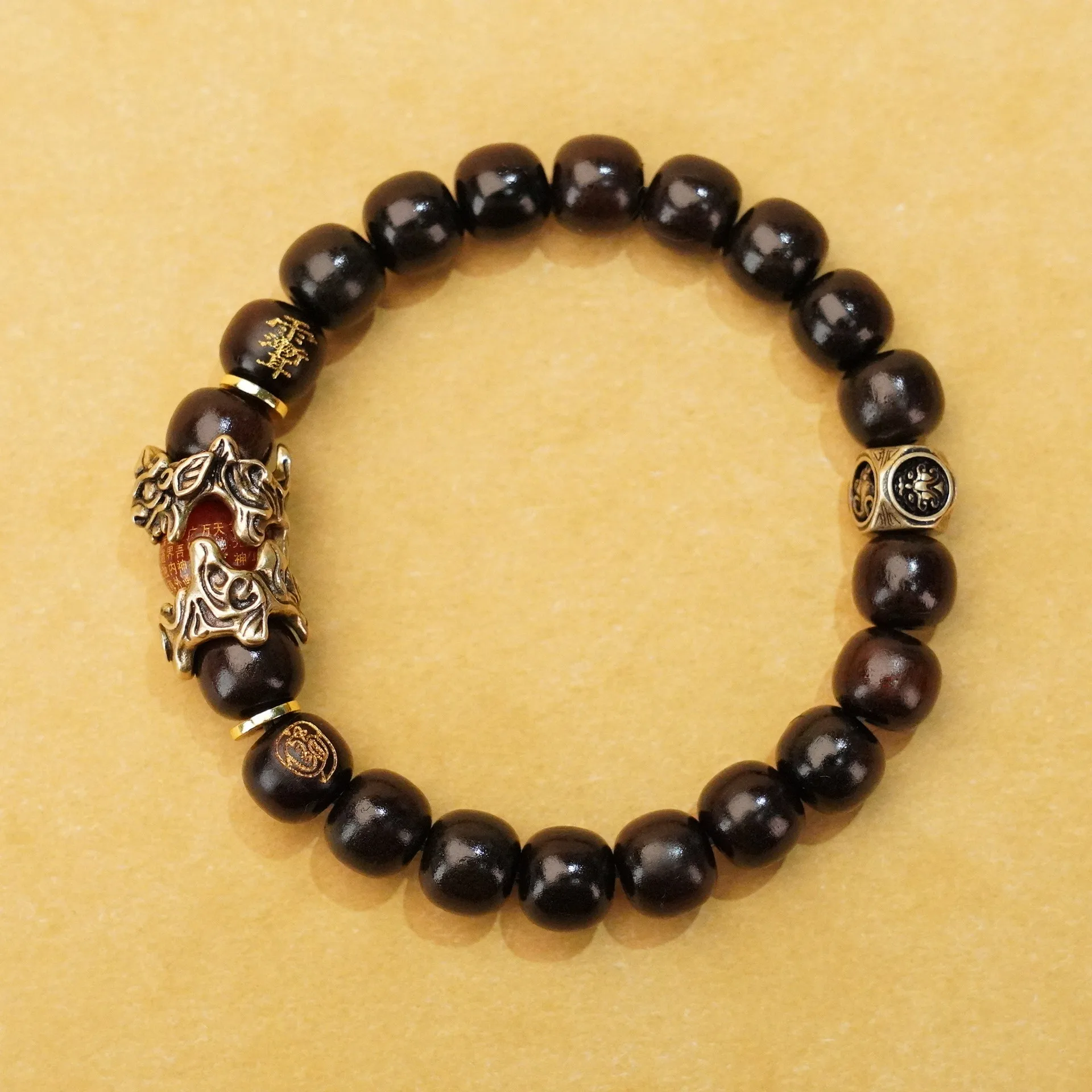 Chinese Style Thunder Struck Jujube Wood Old Type Beaded Bracelet Gold Plated Pixiu Four Symbols Agate Lucky Wealth Attracting