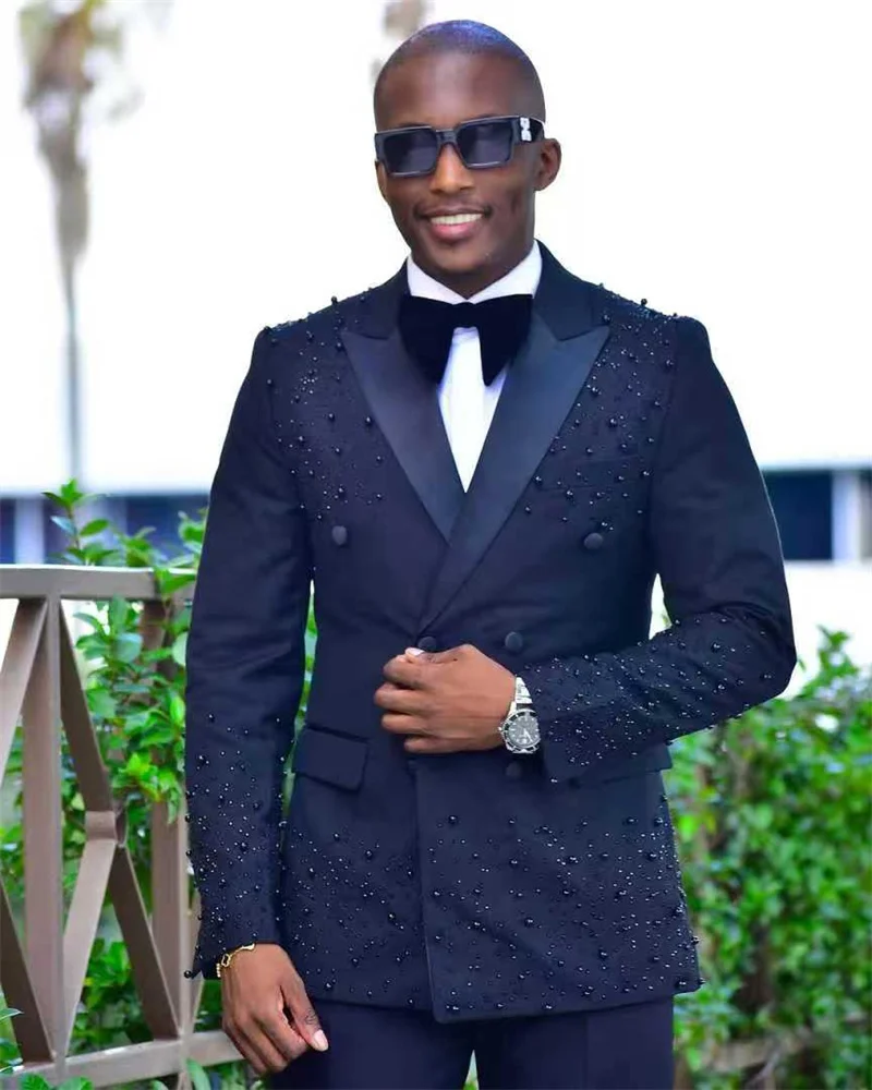 

Black Men Suits 2 Piece Blazer+Pants Crystals Luxury Prom Wedding Tuxedo Prom Coat Customized Formal Office Jacket Trouser
