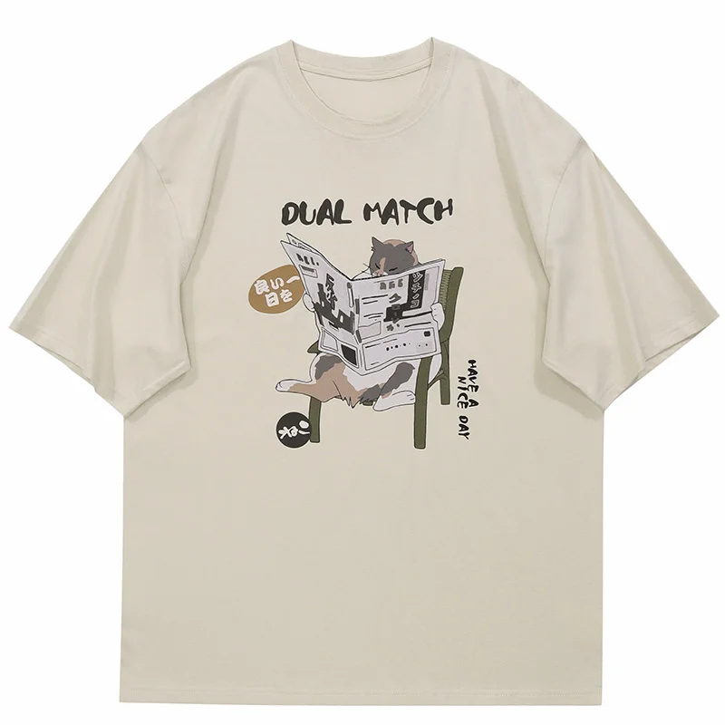 Japanese Harajuku T-Shirt Men Streetwear Funny Cartoon Cat Graphic T Shirt 2023 Men Cotton Tshirt Short Sleeve Tops Tees Hip Hop