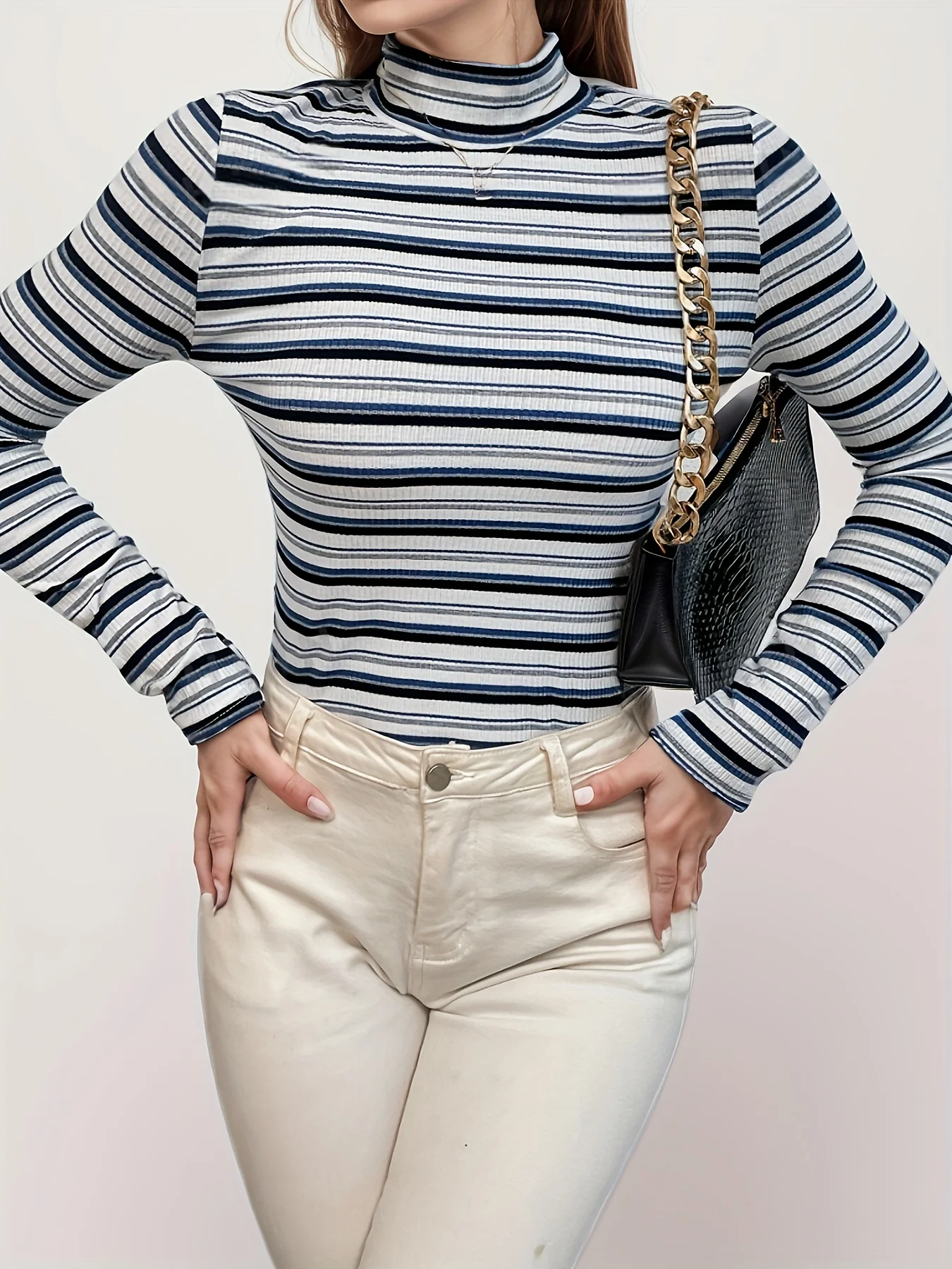 

Красочная полосатая футболка с высоким воротом для зимы и осени, Повседневная футболка с длинным рукавом для женщин