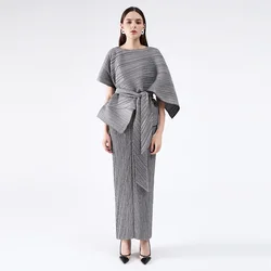 2024 Summer New Two Piece Set Temperament Women's Dress with High Waist Lace Up Slim Fit Long Evening Fashion Pleated Dress