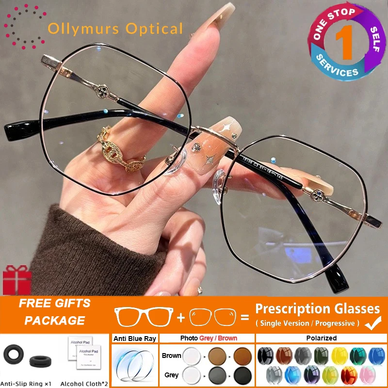

OLLYMURS Polygonal Anti Blue Light Myopia Glasses for Women's Fashion Reading Eyeglasses Prescription Progressive Optical Glasse
