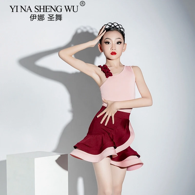 Robe de danse latine pour filles, ensemble body d'entraînement de Salsa Cha Cha et jupe à volants, combinaison d'entraînement professionnelle fendue pour enfants