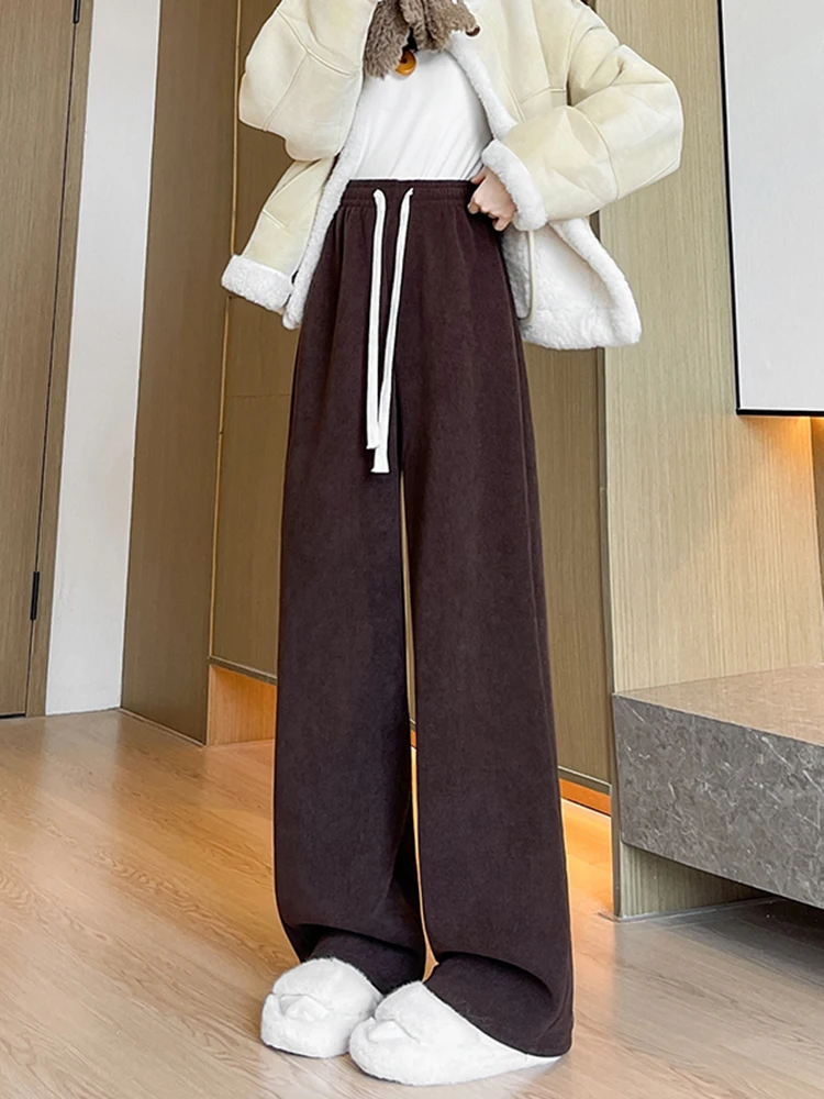 하이웨이스트 와이드 레그 팬츠 여성용 안감 있는 드레이프 루즈 캐주얼 롱 트라우저 가을 겨울 신상 슬림핏 따뜻한 팬츠