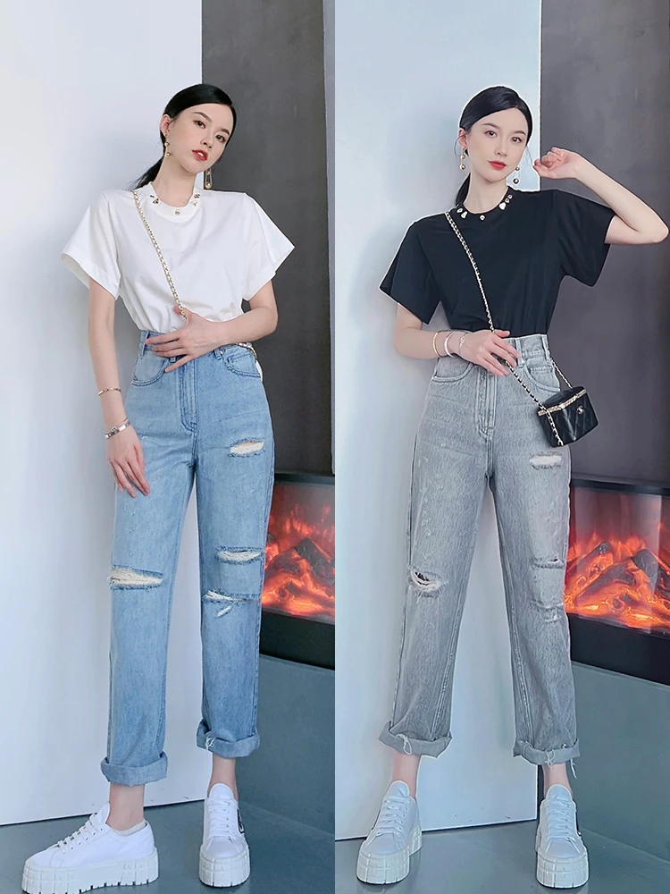 

SVLI High Waist Straight Leg Jeans Women's Summer Thin Slimming Nine-Tenths American Retro Washed Standard Fit Jeans