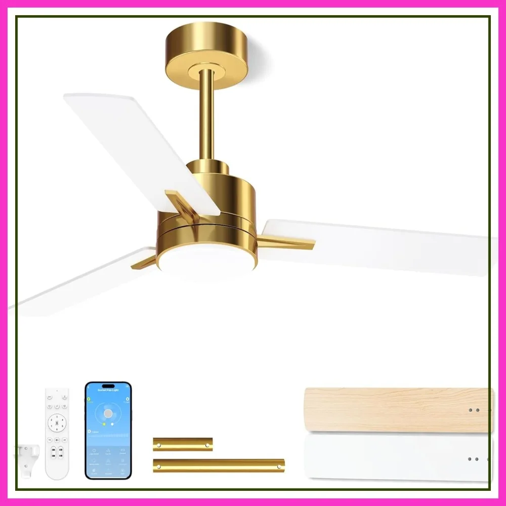 

42" Ceiling Fan with Lights and Remote, Low Profile Modern Gold, 6 Speed Reversible LED, Quiet DC Motor for Indoor Outdoor