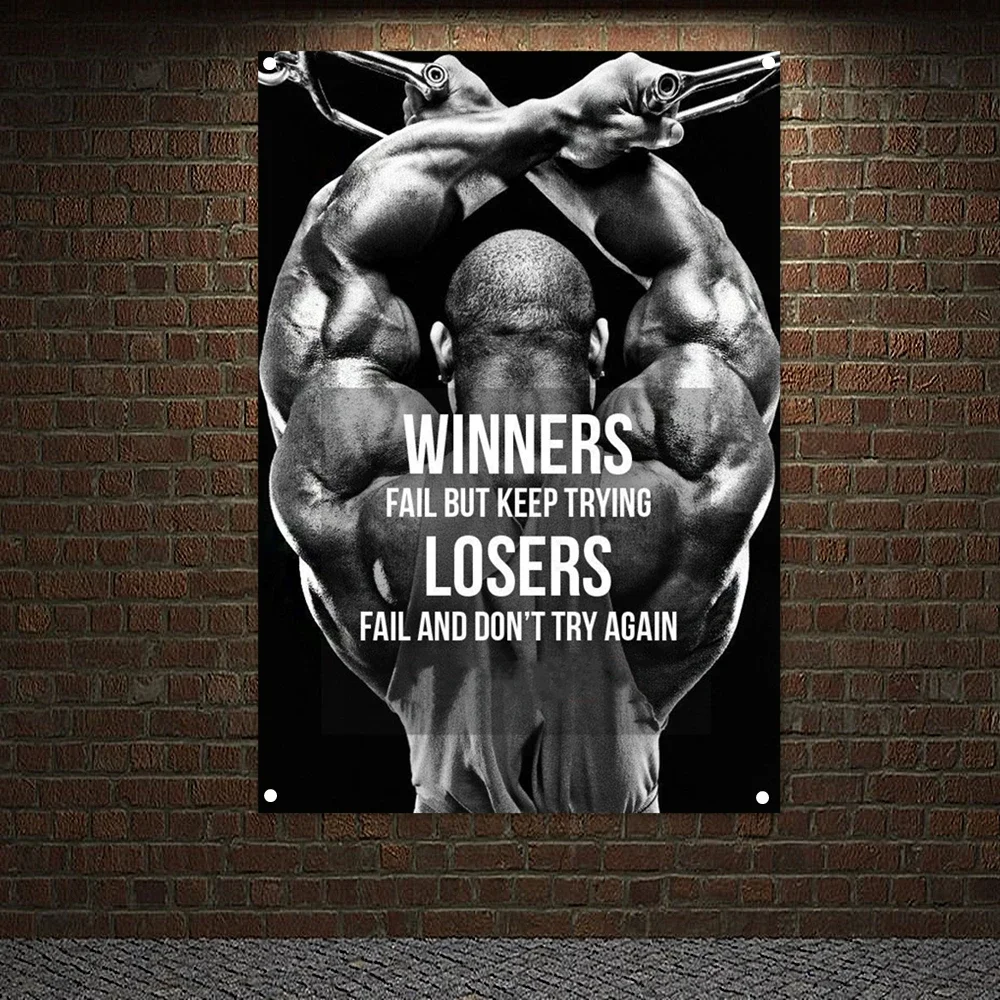 WINNERS OR LOSERS Poster Wall Art Man Muscular Body Flags Workout Bodybuilding Banners Gym Wall Decor Canvas Painting Stickers