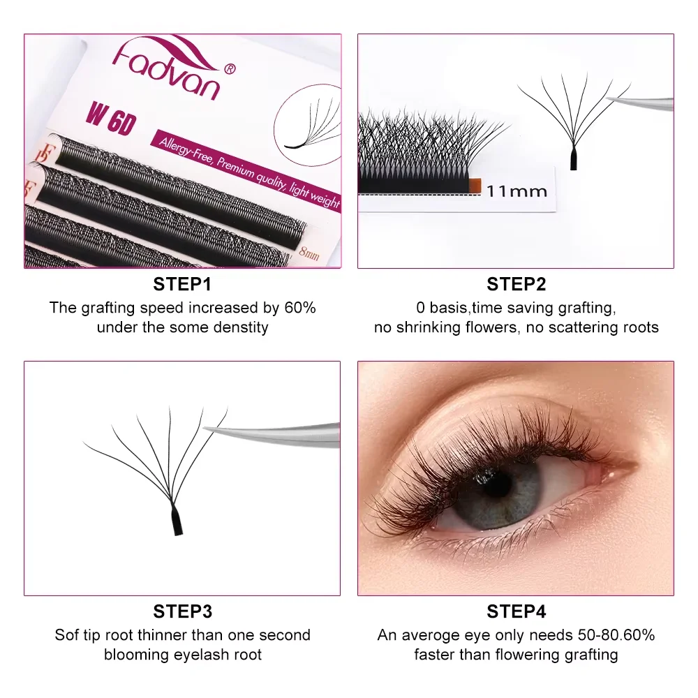 FADVAN New 6D - W Shaped Eyelash Extensions 0.07 C/D/L 8-15 mm Black Soft Natural Professional Lash