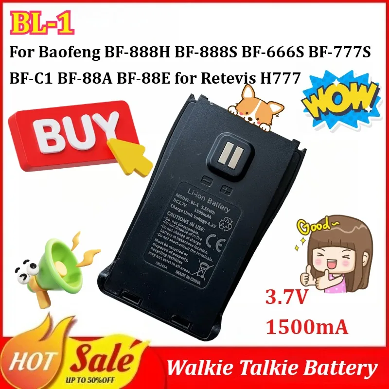 Type-C BL-1 3.7V 1500mAh Walkie Talkie Battery for Baofeng BF‑888H BF‑888S BF‑666S BF‑777S BF‑C1 BF‑88A BF‑88E for Retevis H777