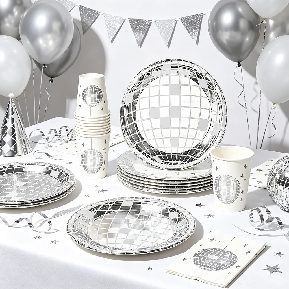 Vajilla desechable con temática disco, platos y vasos para fiestas disco, decoración para fiestas musicales retro de los años 70, 80 y 90, decoración para fiestas de cumpleaños y baile.