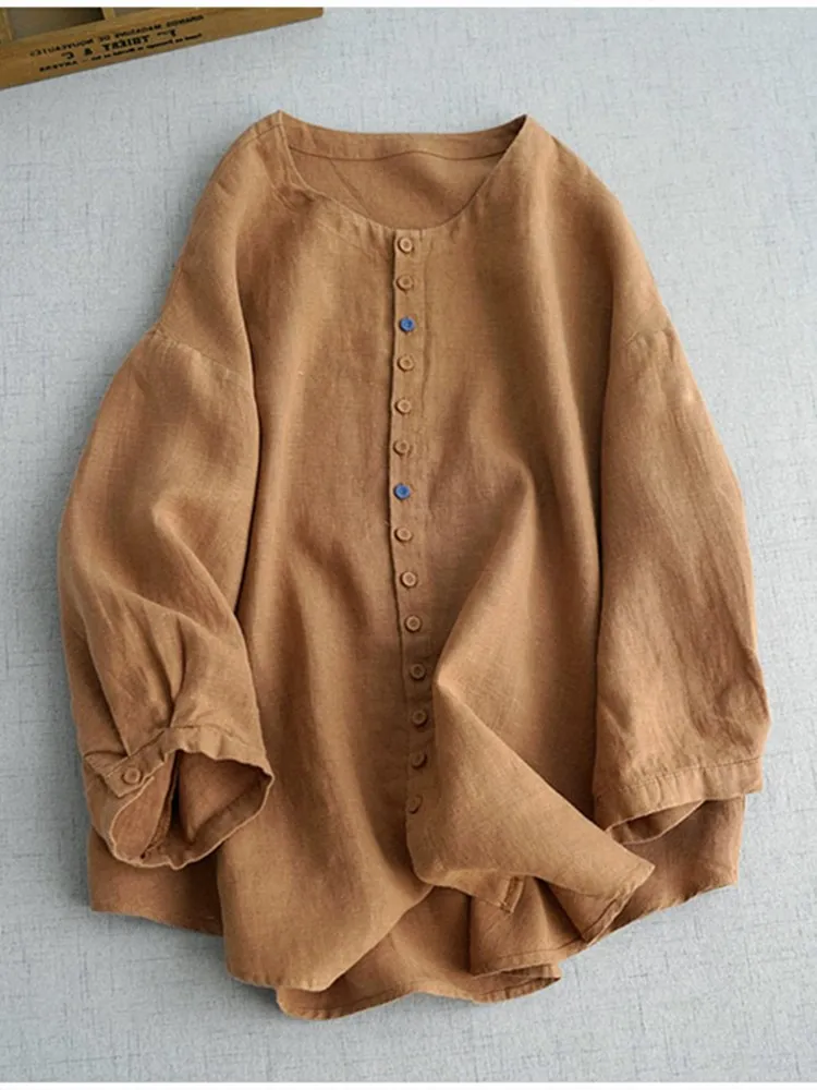 

Women's Casual Linen irt Spring Summer New Sle Vintage Waed Loose Fit round Ne Five Sve Capsule Pure Color Top