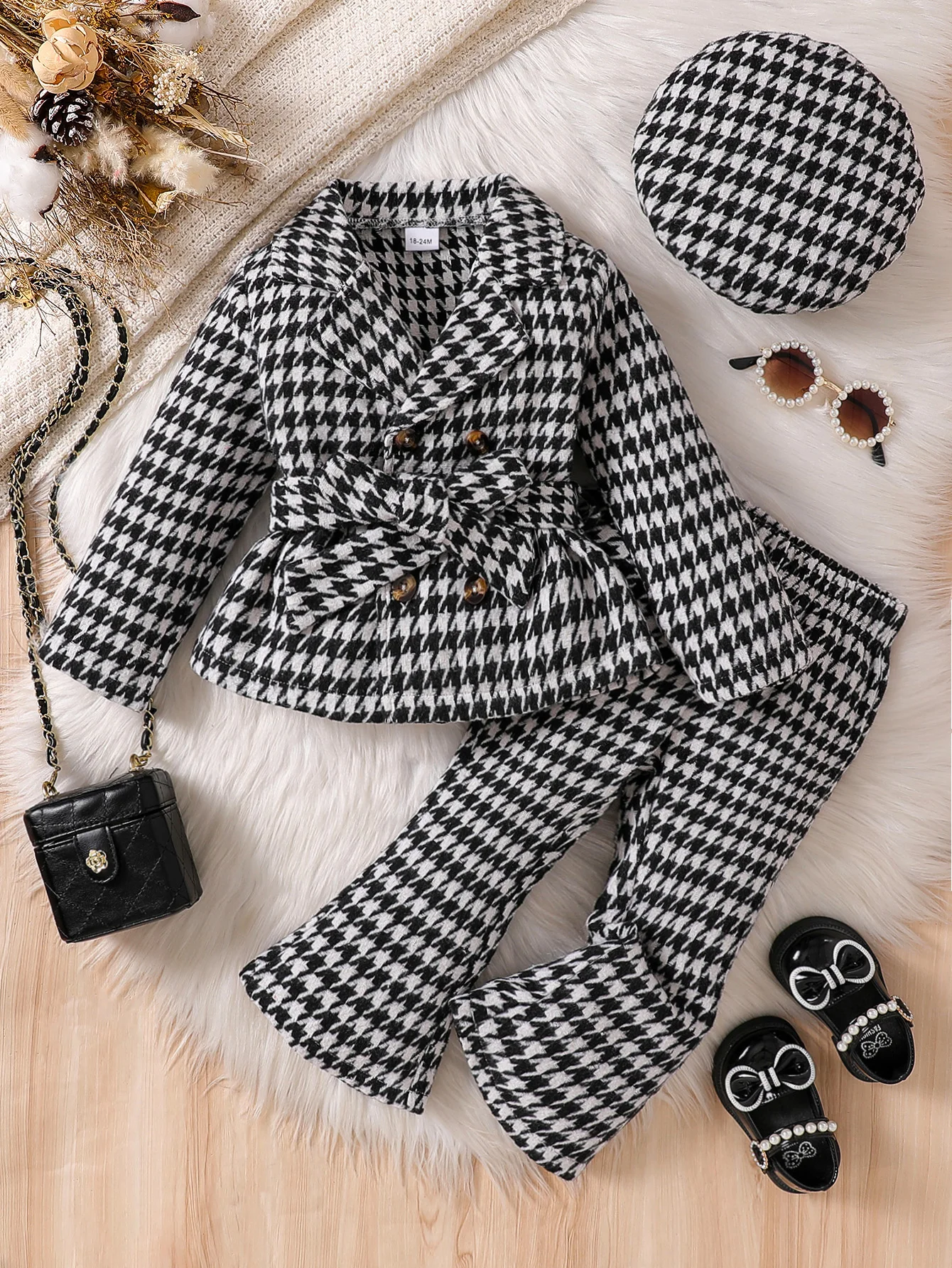 Bambini Ragazza 3 pezzi Abiti autunnali Manica lunga Doppio petto Giacca scozzese con cintura Pantaloni svasati Cappello berretto Set Vestito per bamb