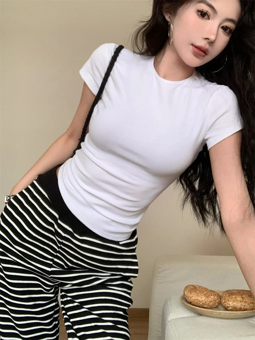 PLAMTEE Minimalist Chic Pants Women Stripes White T-Shirts Casual Summer All Match 2024 New OL Streetwear Wide Leg Office Lady