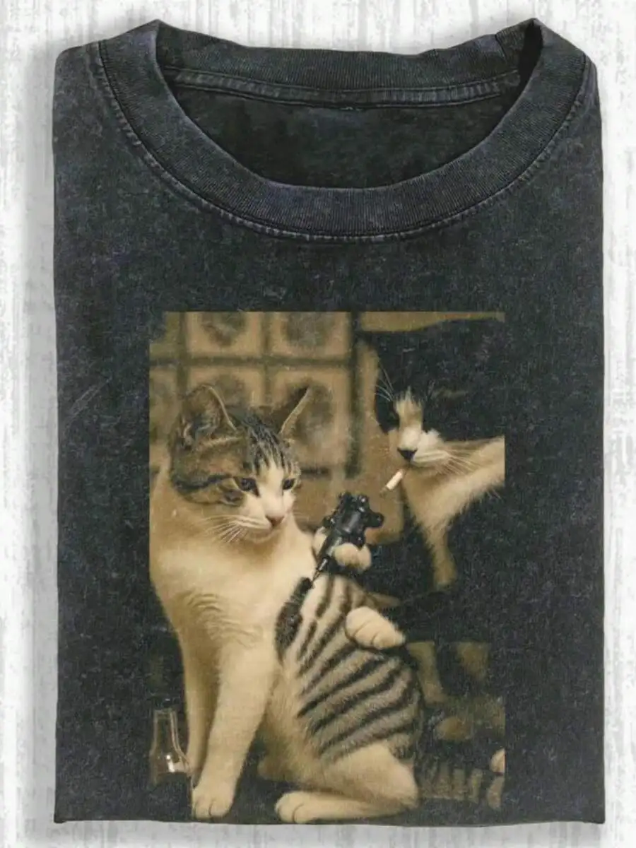 

Washed Vintage Cat Print Cotton T-Shirt For Men, Retro Graphic Tee