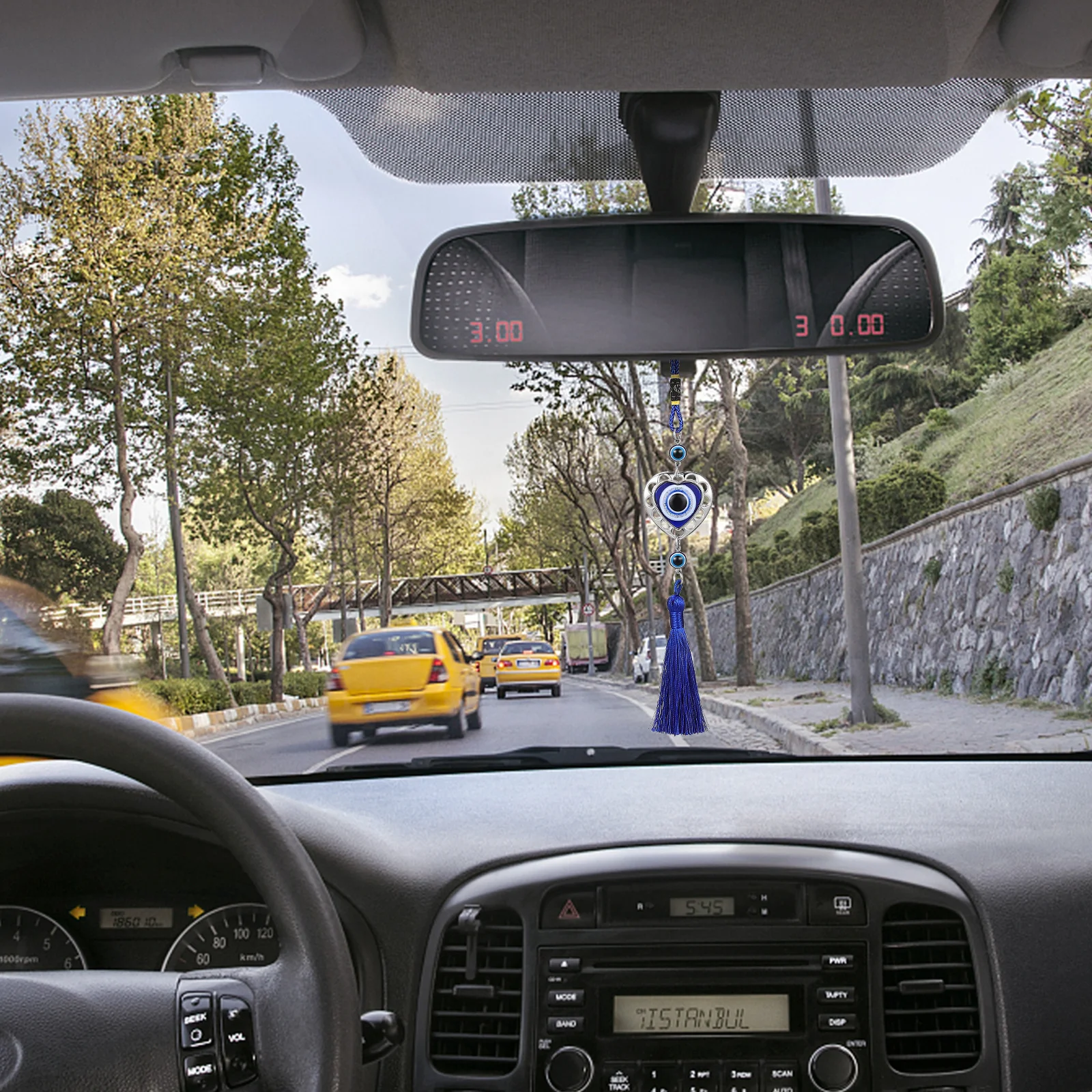 

6 pcs Car Hanging Ornaments Round Heart Evil Eye Tassel Charms For Rear View Mirror Auto Decor Home Office Wall Bag Pendant