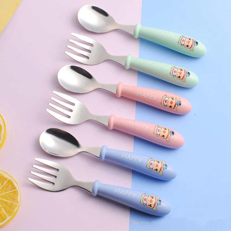 Baby Gadgets Tableware Set Children Utensil Stainless Steel Toddler Dinnerware Cutlery Cartoon Infant Food Feeding Spoon Fork