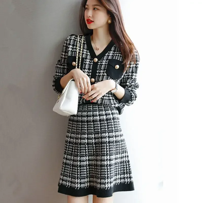 Long Sleeve Midi Knit Skirt Lightly Cooked Office Women\'s Two Piece Set Crochet Tweed New in Matching Sets Korea Female Outfits