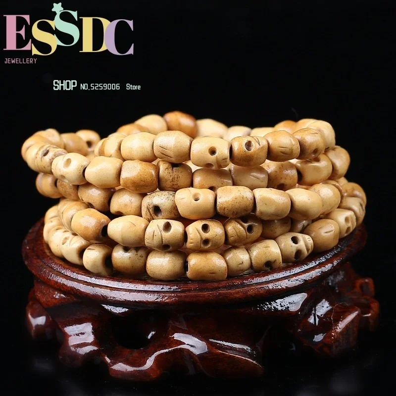 Natural Cow Bone Hand Carved Skull Beads 108 Necklace Tibetan Rosary Accessories