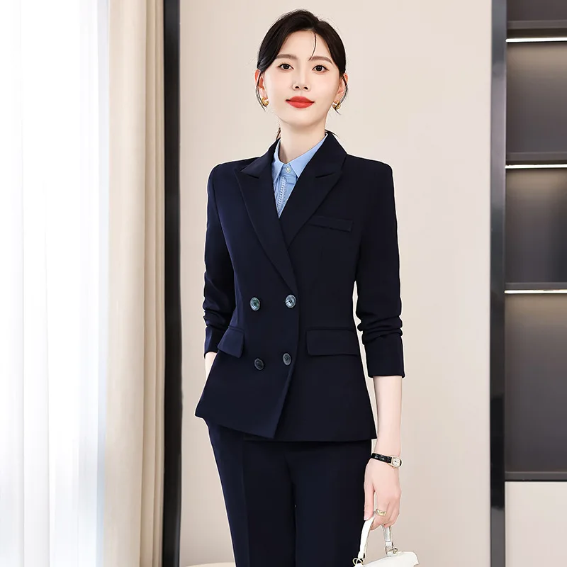 Gray Blazer Women's Spring and Autumn High-End Double-Breasted Business Wear Goddess Temperament Suit Suit Formal Suit Work Clot