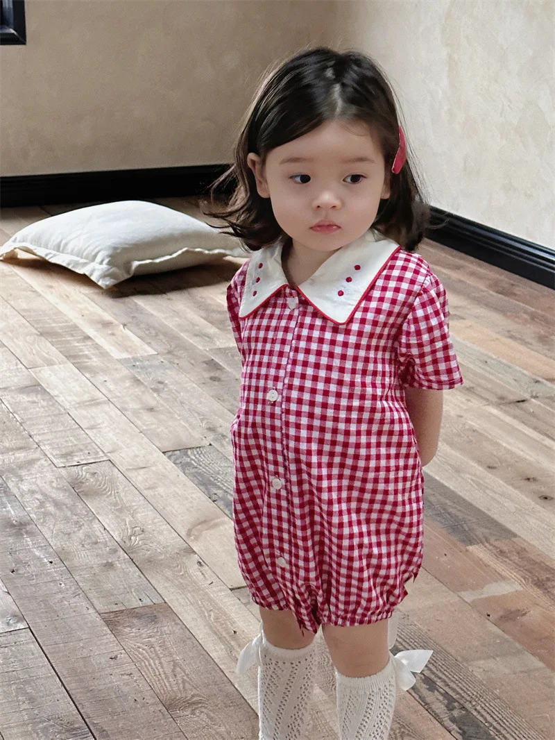 2024 Summer New Baby Short Sleeve Lapel Bodysuit Newborn Toddler Thin Cotton Clothes Infant Girl Sweet Cute Plaid Jumpsuit 0-24M