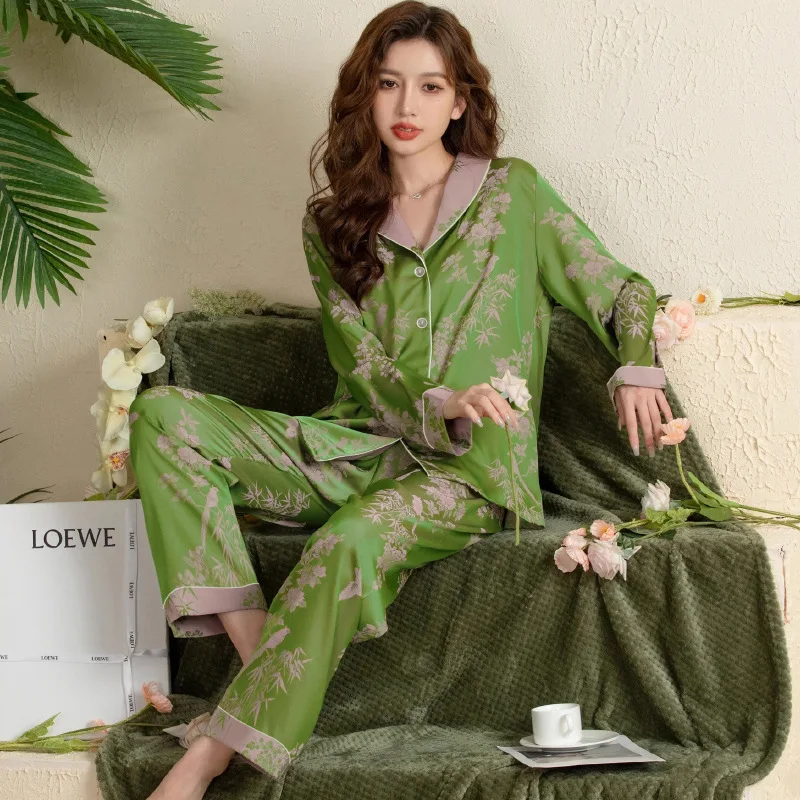 Spring and Summer Premium Green Fashion Lapel Pajamas Loungewear Set Ladies Long Sleeve Long Pants Pajamas Loungewear Set