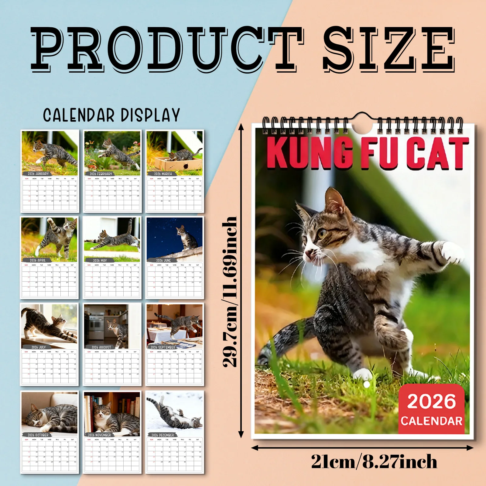 1 ชิ้น 2026 ปฏิทินติดผนัง,ธีมแมวกังฟู,เหมาะสำหรับตกแต่งบ้านและสำนักงาน,ภาพประกอบที่สวยงาม,การออกแบบที่สนุกสนาน,การพิมพ์คุณภาพสูง
