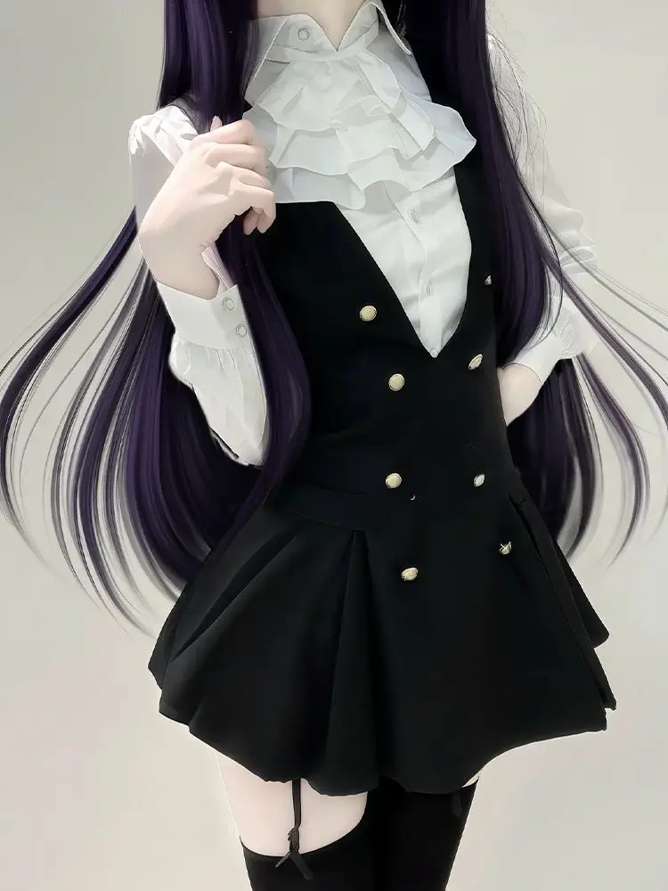 2025 Fashion Design Polo Collar Shirt Dress Suit New Dark Academia Slim Long Sleeve Dresses Hepburn Gothic Braces Dresses Set