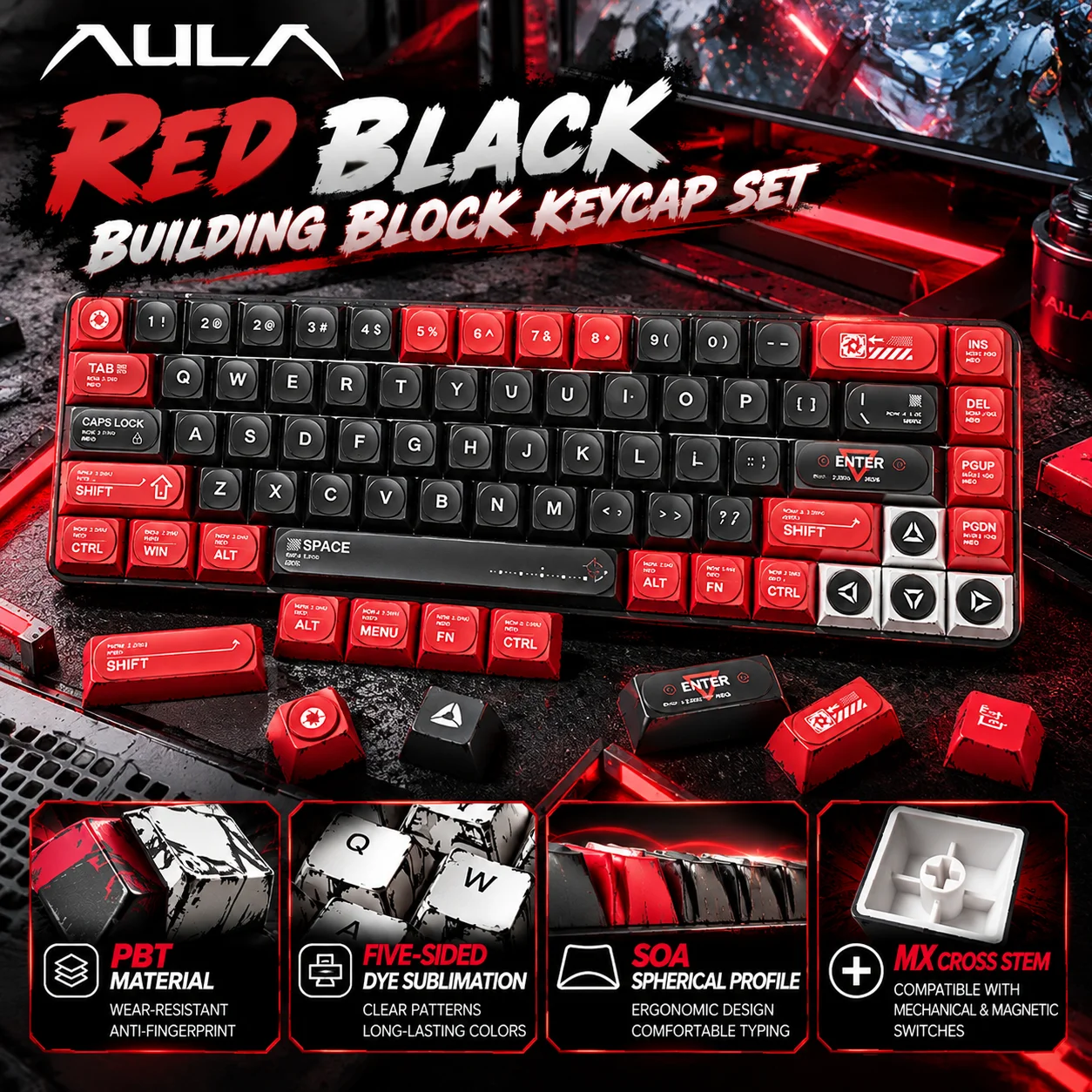 AULA Red Black Two Tone Keycap Set PBT Five Sided Dye Sublimation SOA Profile MX Stem Gaming Keyboard Keycaps