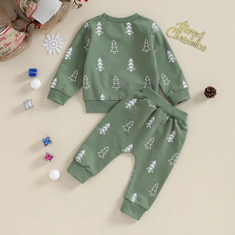 Toddler Baby Boy 2Pcs Christmas Clothes Set Christmas Tree Print Long Sleeve Crewneck Sweatshirt Tops Pants Newborn Outfits