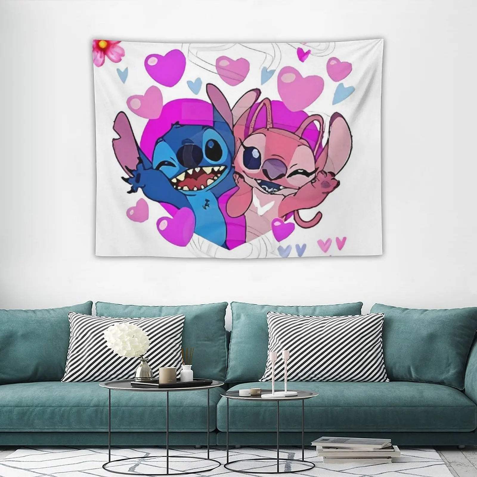 

Cute Stitch And Angel Tapestry Hanging Cartoon Anime Wall Tapestries Bedroom Dorm Home Background Cloth Decorative Blanket