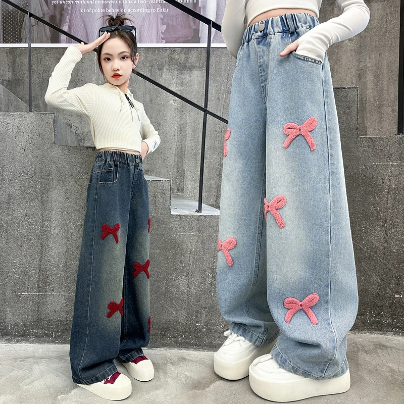 

New Fashion Kids Bow Embroidery Straight Casual Jeans Teens Girl Gothic Wide Leg Y2K Denim Pants Child Street Jeans Trousers