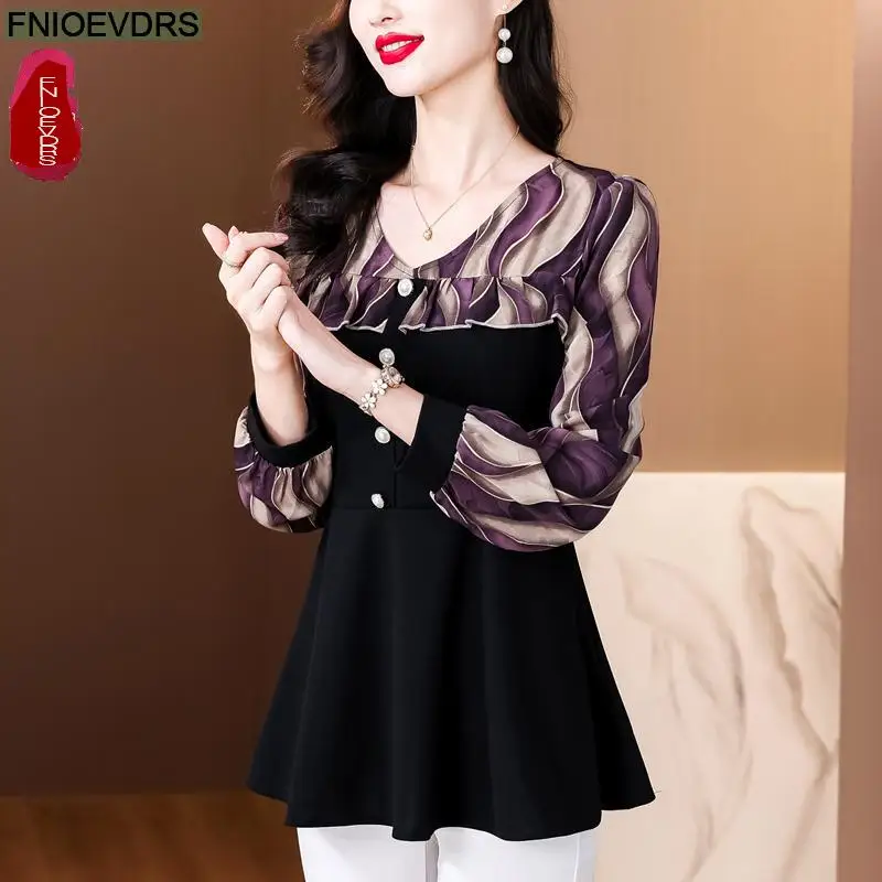 Retro Vintage Purple Ruffles Peplum Tops New Design Women 2024 Autumn Long Sleeve Sequined Tunic Button Shirts Blouses