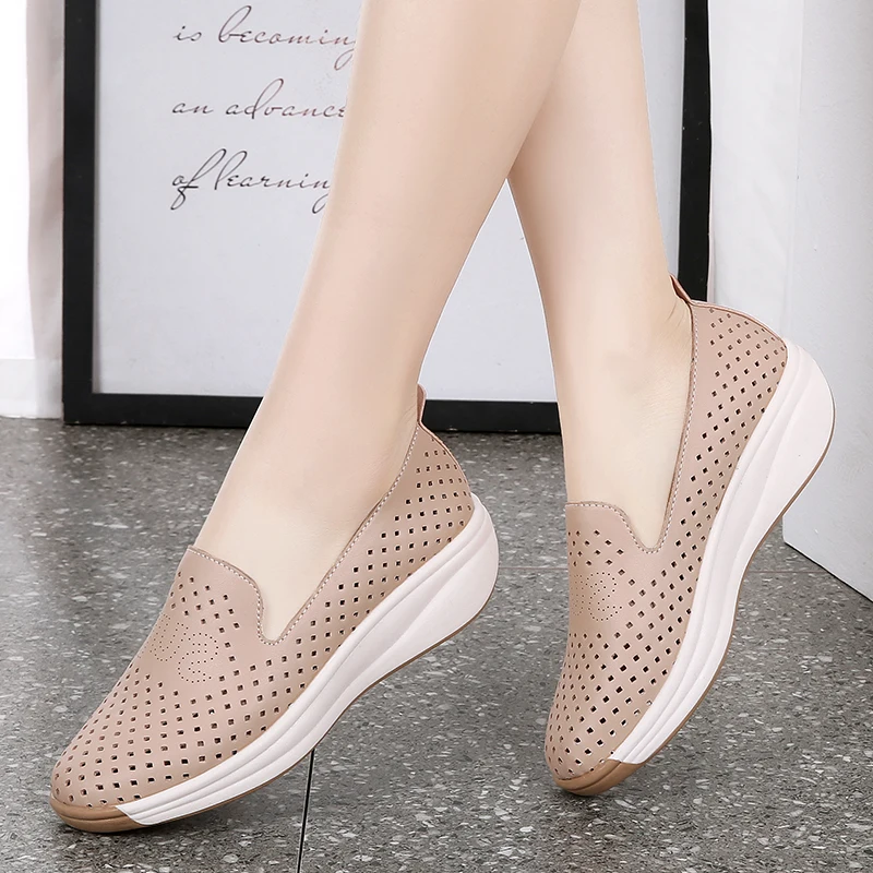 Plus Size Microfiber Hollow Women sneakers Summer Wedges Outsole Shoes Sneakers For Lady Breathable Wedding loafers shoes