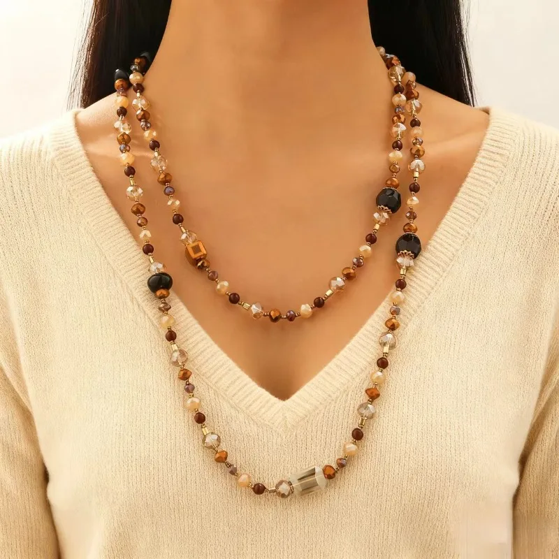 

Vintage autumn and winter style crystal bead irregular layered necklace, ethnic style niche design, sweater chain for women