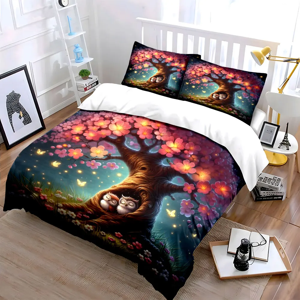 Dreamy Sakura Tree with Owls Print Bedding Set 1 Duvet Cover 2 Pillowcases for Adult and Children Luxury Gift Full Size