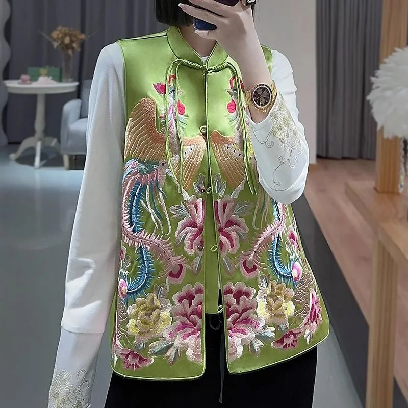 Embroider Phoenix Vest New Chinese Style Tang Clothes Women Luxury Satin Costume Sleeveless Qipao Tops Elegant Hanfu Wear