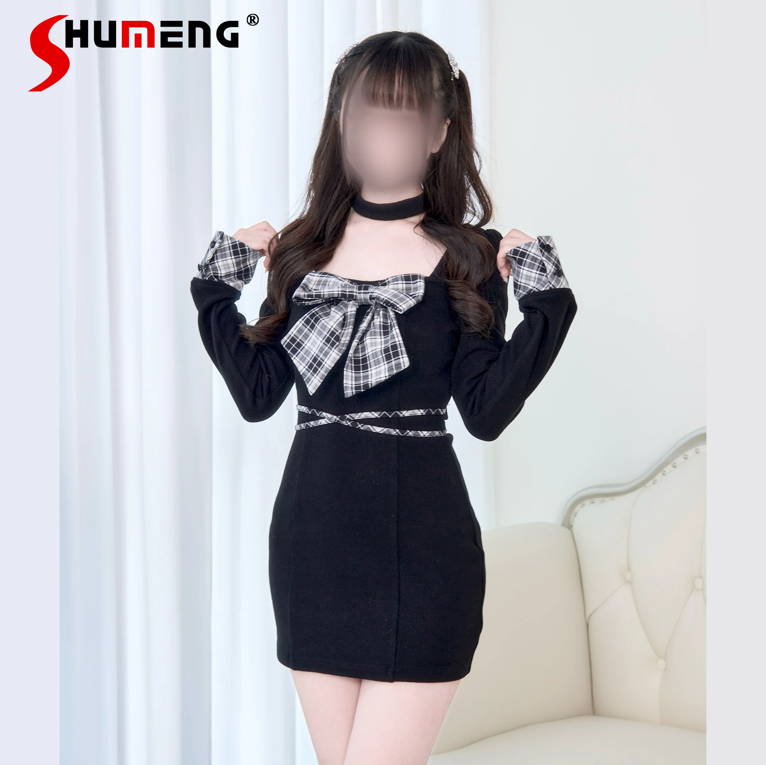 

Japanese Style Mass-Produced Elegant Sweet Plaid Bow Knitted Dresses Square Neck Long Sleeve Backless Bodycon Short Dress Women