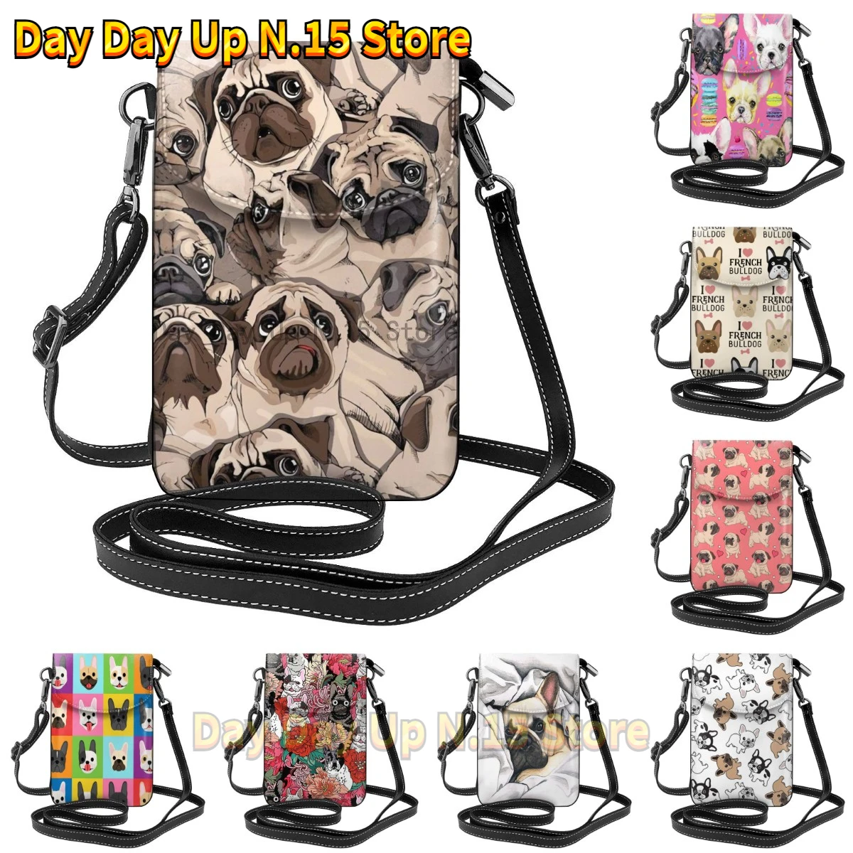 Women Cell Phone Purse Leather Crossbody Bag-Dog Pug Mini Shoulder Bag Card Holder Wallet