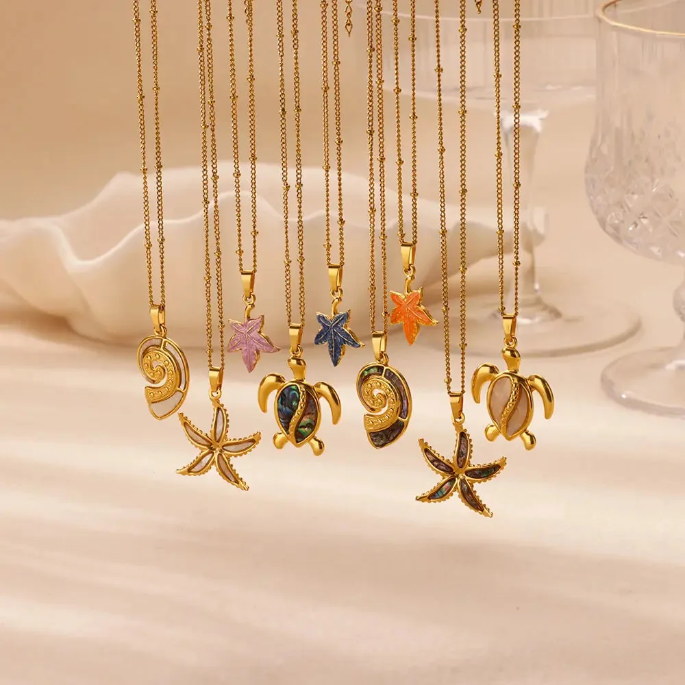

Stainless Steel Minimalist Starfish Stripe Conch Scallop Pendant Necklace for Women Waterproof Trend Jewelry Summer Beach Party
