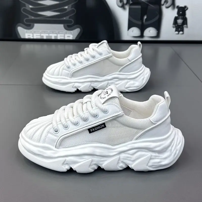 

2024 Spring Thick Bottom Increased Breathable Mesh Comfortable and Non-Slip Casual Sports White Shoes Dad Men