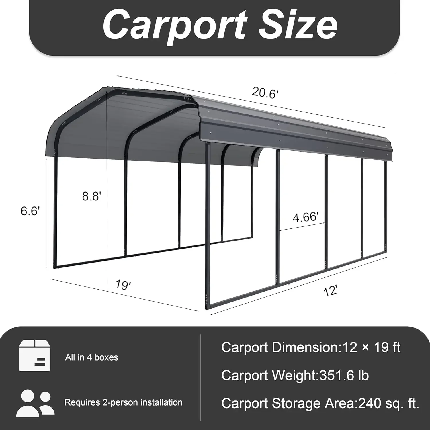 Metal Carport 12×20 Heavy Duty, Carport Kit With Galvanized Steel Roof Building And Frame, Outdoor Storage Car Port Metal