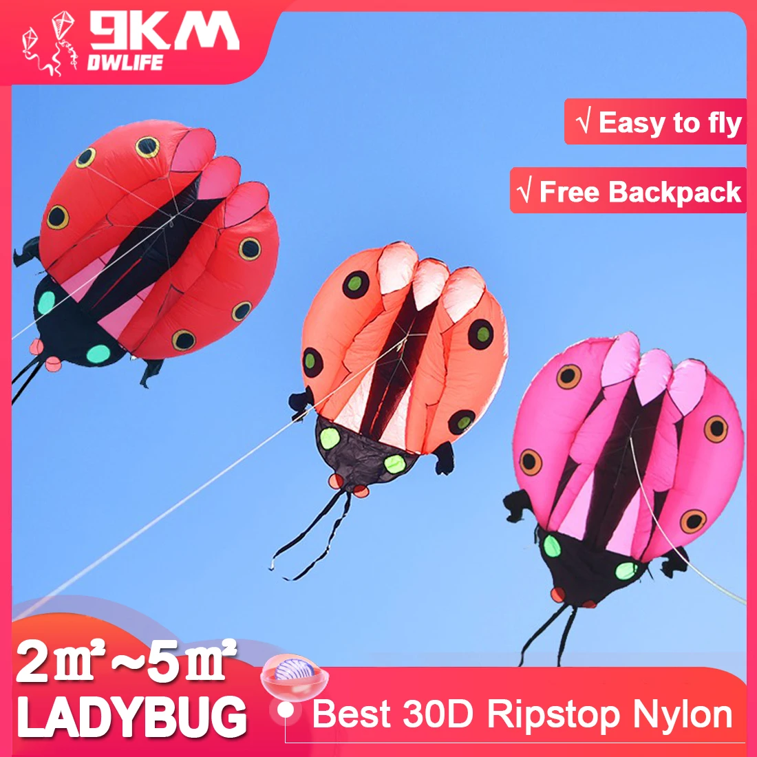 

9KM 2㎡~5㎡ Ladybug Kite Pilot Lifter Kite Single Line Soft Inflatable Show Kite 30D Ripstop Nylon with Bag