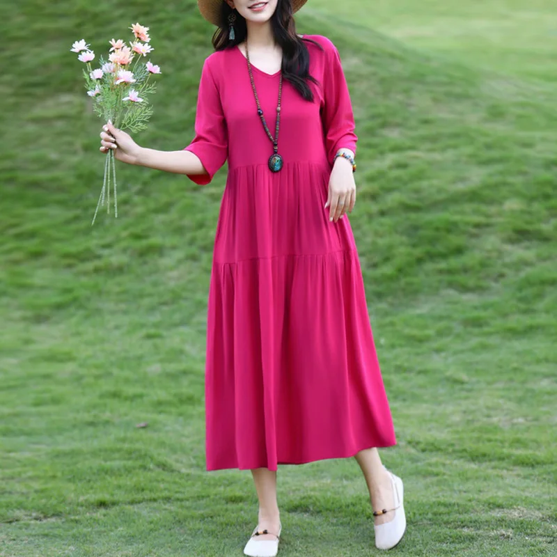 Neue Mode Lässig 2025, Sommer Kleider Für Frauen Vintage Kurzarm Oansatz Druck Lose Blumen Kleid plus größe Frauen Kleidung