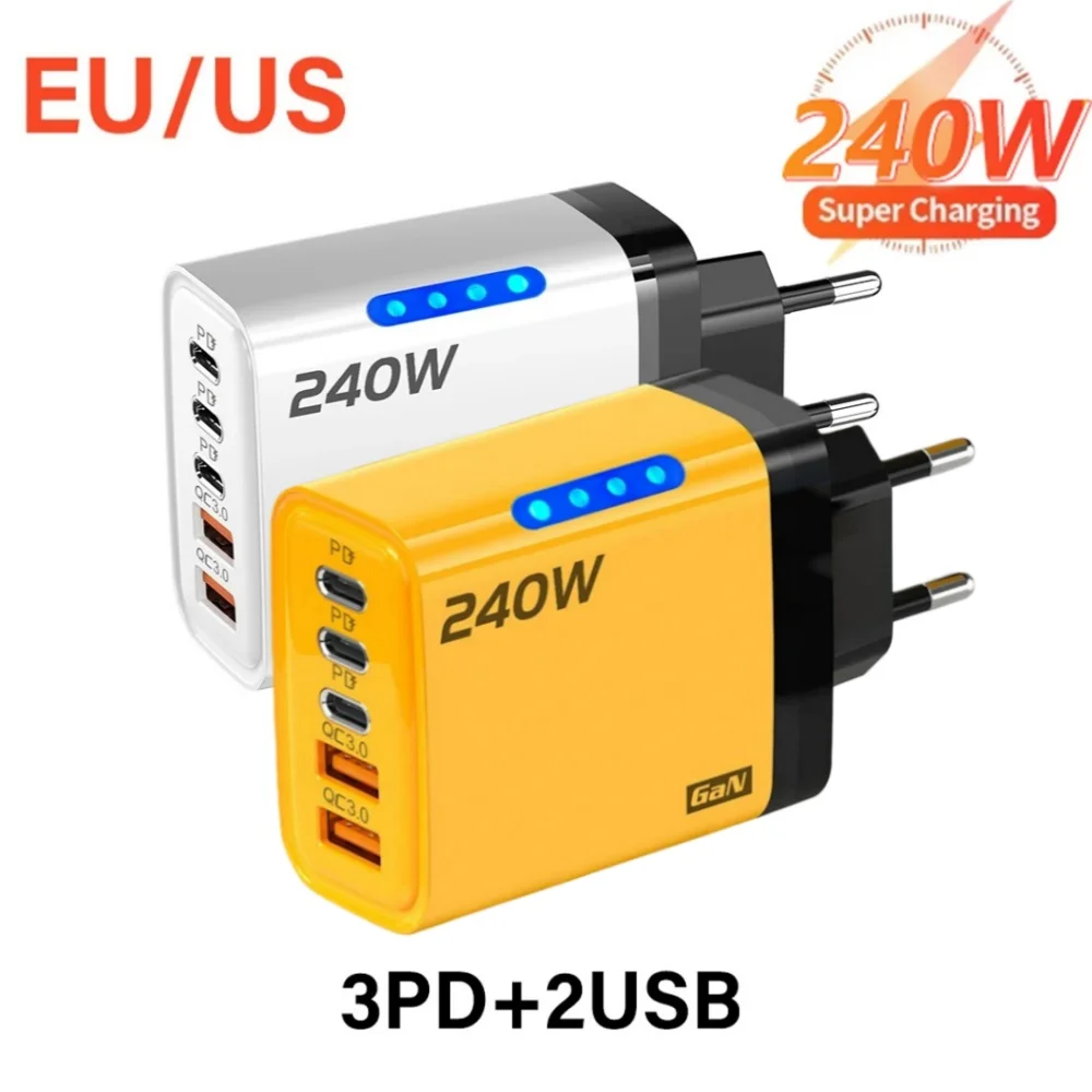 240W GaN 2USB+3Type-C Multi Ports Fast Charger With LED Light USB Type C Quick Charge3.0 Wall Adapter Desktop Charger For Xiaomi