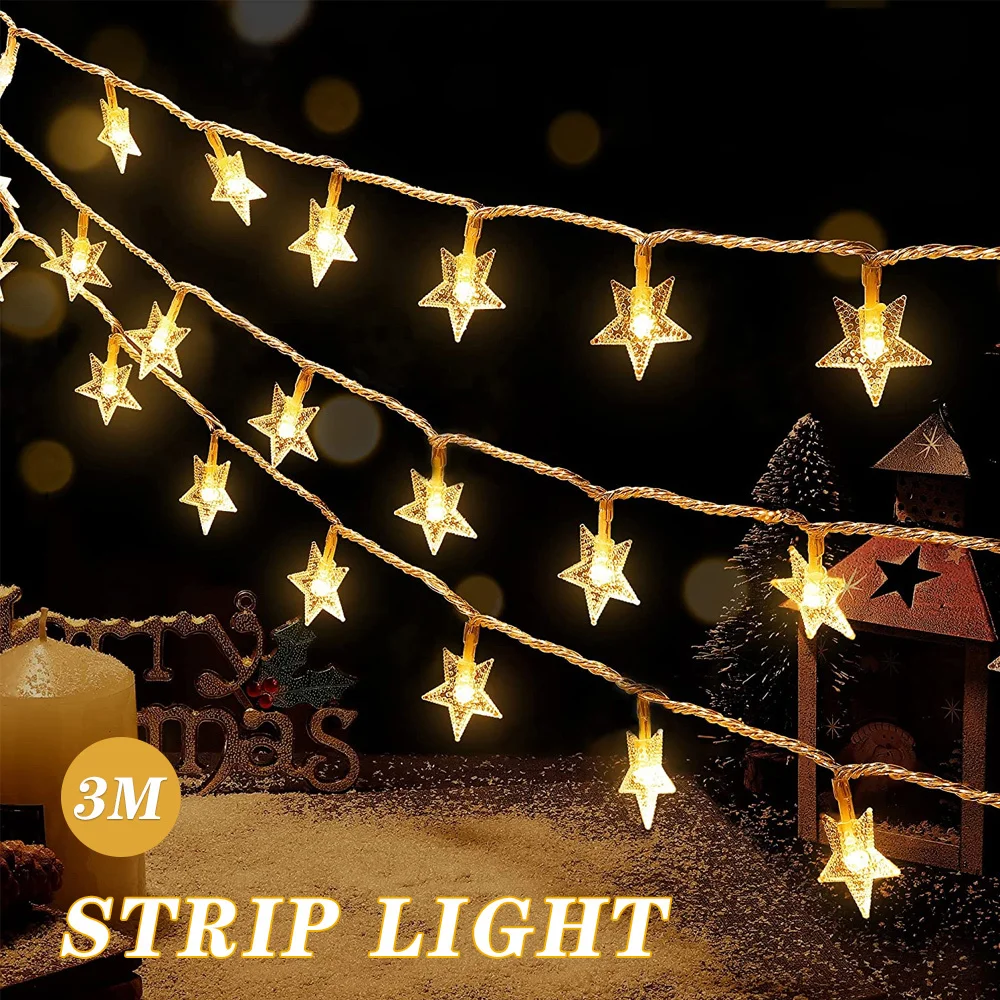 Luzes LED String com Pentagram Light Strip, Decoração de Natal, Festa de Casamento, Feriado Atmosfera, 3m