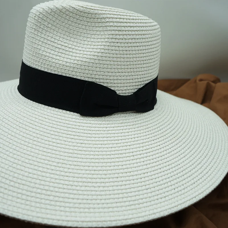 White Panama Hats Black Summer Hats for Women Straw Fedora Church Hat Ladies 12.5cm Wide Brim Beach Hat Outdoor Holiday SunHat