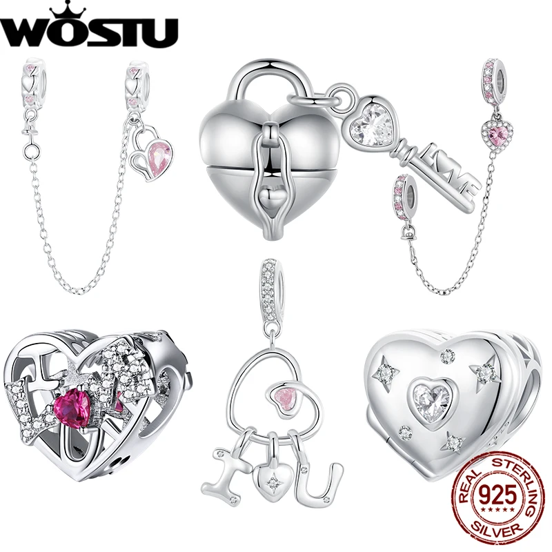 WOSTU 925 Sterling Silver Pink Love Letter Pendant Propose Heart Box Charm Lock Safety Chain Fit Original Bracelet ValentineGift