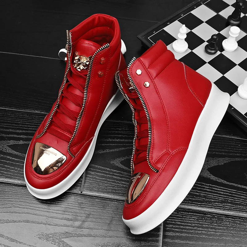 Zapatillas de deporte altas de piel de serpiente roja para hombre, zapatos planos informales con cremallera, moda de lujo, Club, Hip Hop, ropa de